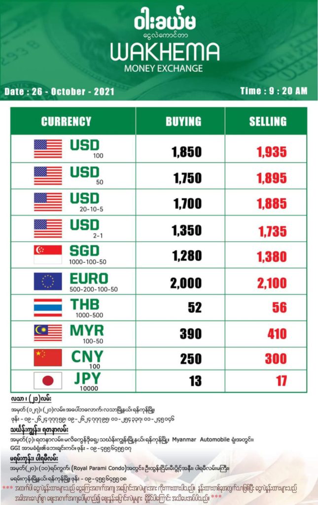 2021년 10월 26일 미얀마 환율