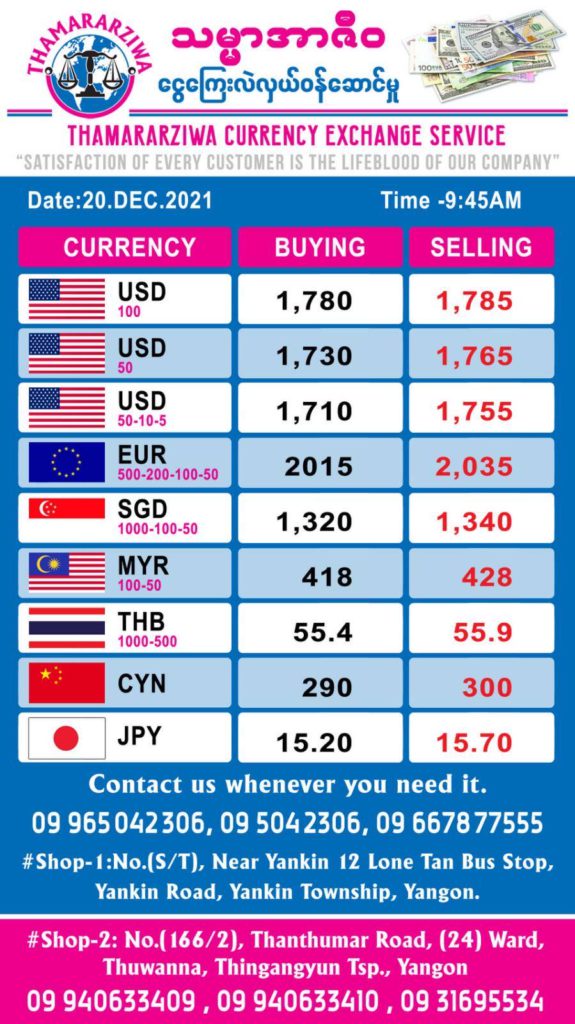 2025 4월 - 2021년 12월 20일 미얀마 환율 및 미얀마 금시세 현황 2021년 12월 20일 미얀마 환율