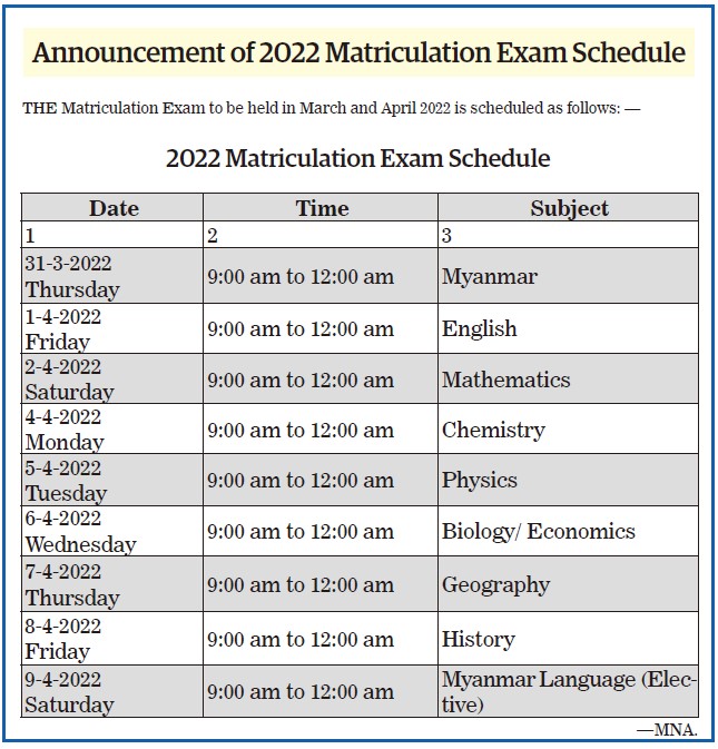 미얀마 대학수능 일정