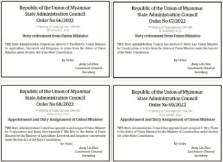 미얀마 국가관리위원회, 장관 교체 국가관리위원회 연방장관 교체