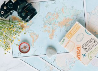 미얀마 관광가이드 면허 갱신 벌금 징수 overhead shot of a camera and flowers near a map