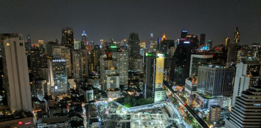 aerial view of city buildings during night time