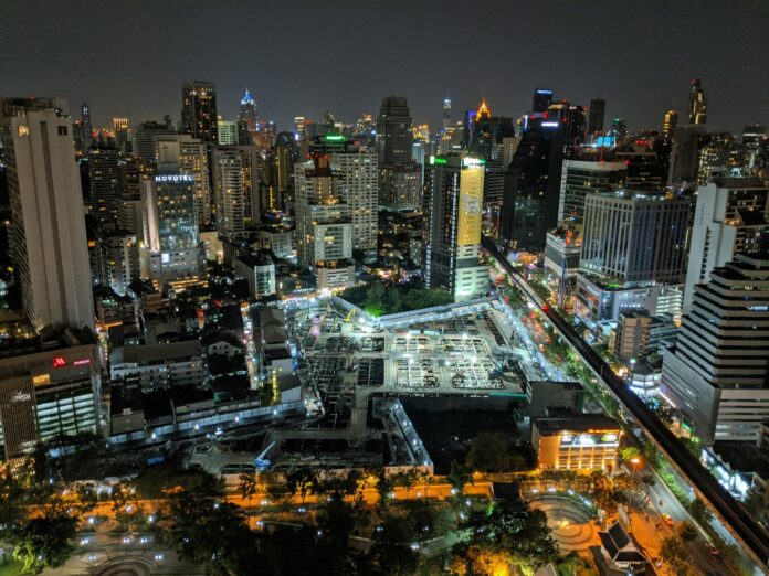 aerial view of city buildings during night time