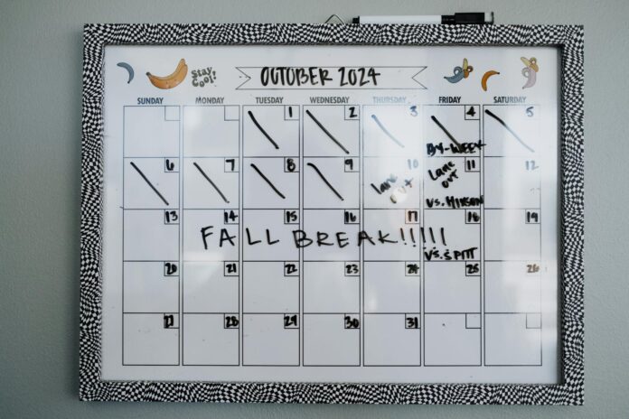 whiteboard calendar highlighting fall break in october